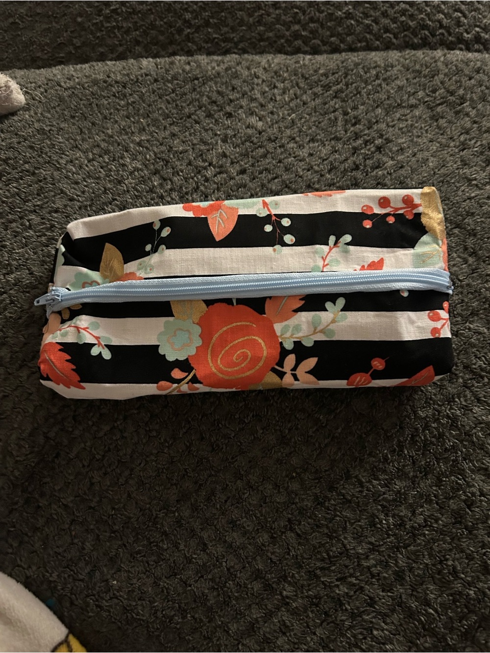 Hand Crafted Floral Stripe Pencil Pouch - Black, Coral, Light Blue, Gold